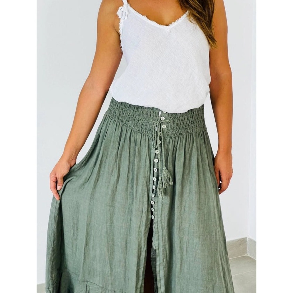 Women OS Maxi A-Line Linen Green Boho Made in Italy Cottageore Open Front Indie